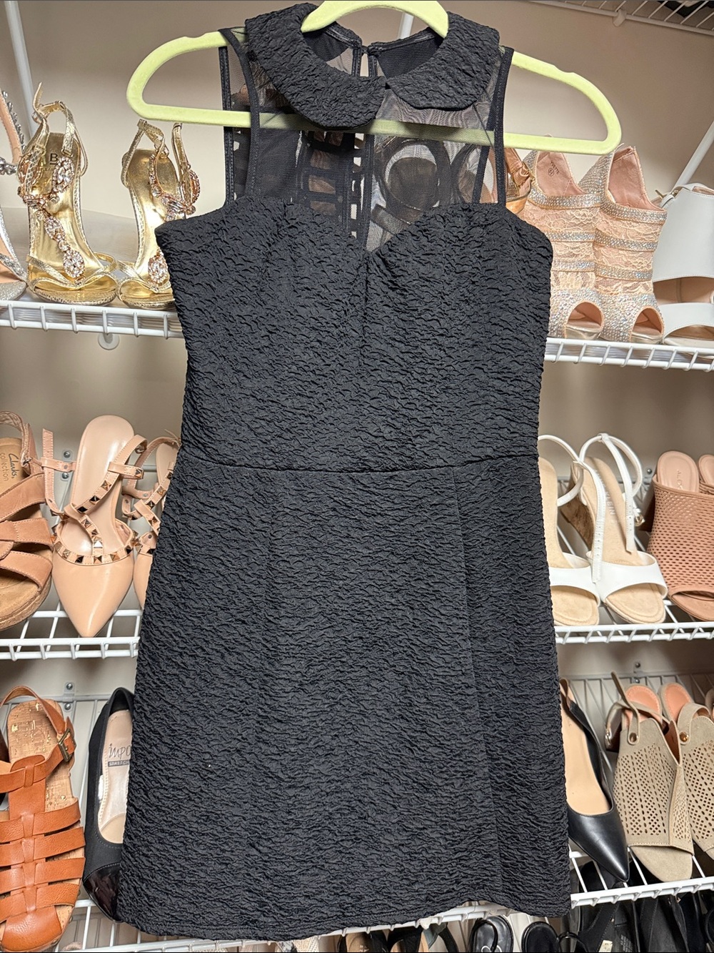 Textured Black Mini Dress with Sheer Yoke and Peter Pan Collar